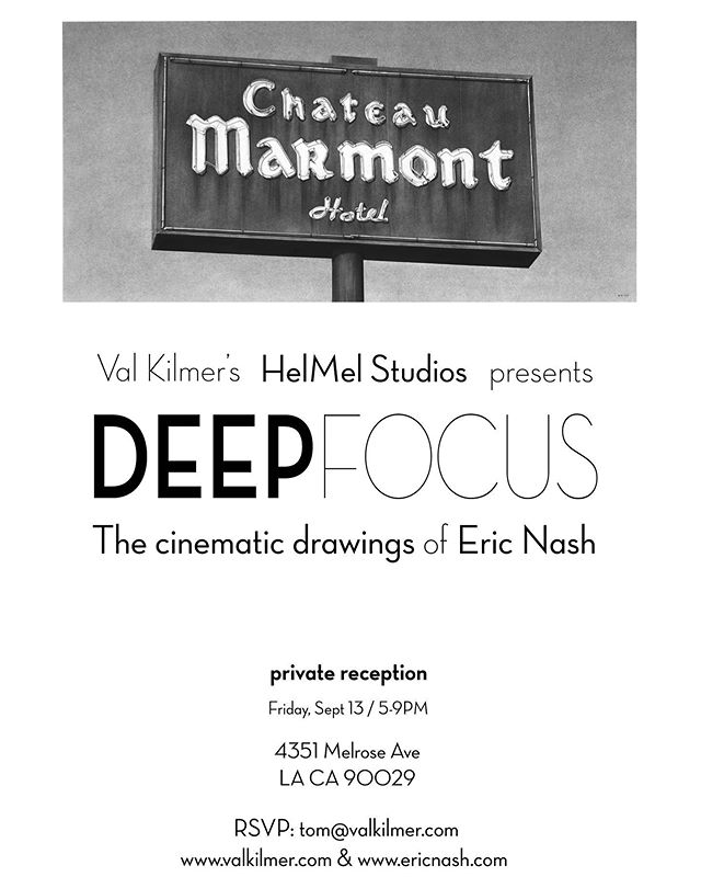 Join us for a special private art event presented by Val Kilmer&rsquo;s @helmelstudios at 4351 Melrose in Hollywood next Fri. Sept. 13th from 5-9 p.m. of my cinematic charcoal drawings inspired by Los Angeles. I am honored to be working with Val, an 