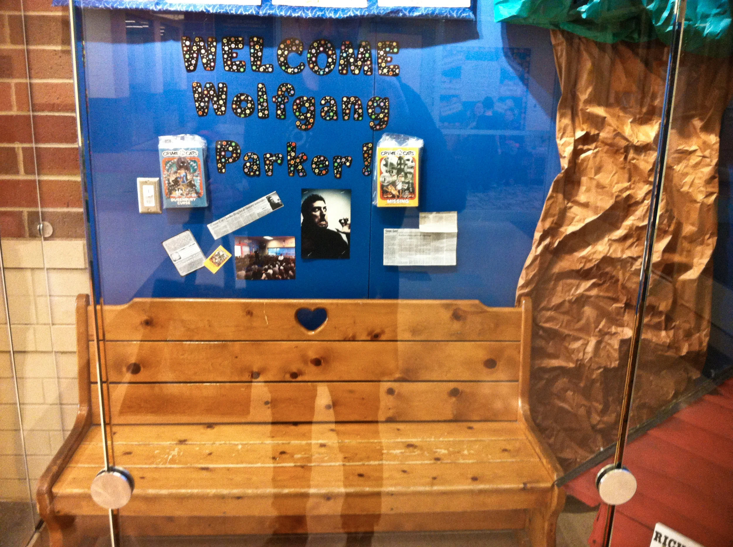The welcome display in the lobby. The bench is from the original building that was there when I was a Richard Avenue Roadrunner.
