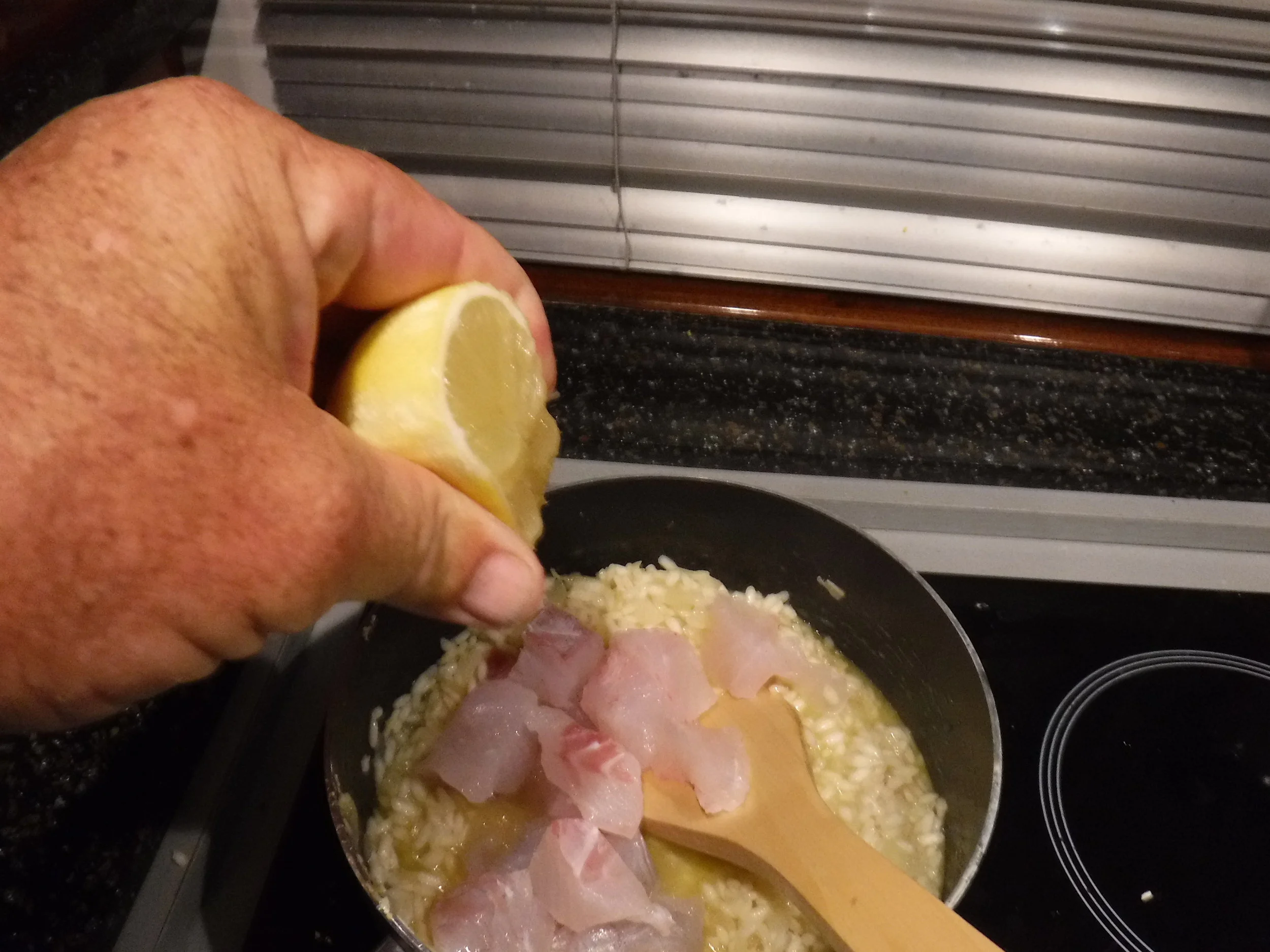  Add the fish and lemon to base risotto, followed by crab a few minutes later 