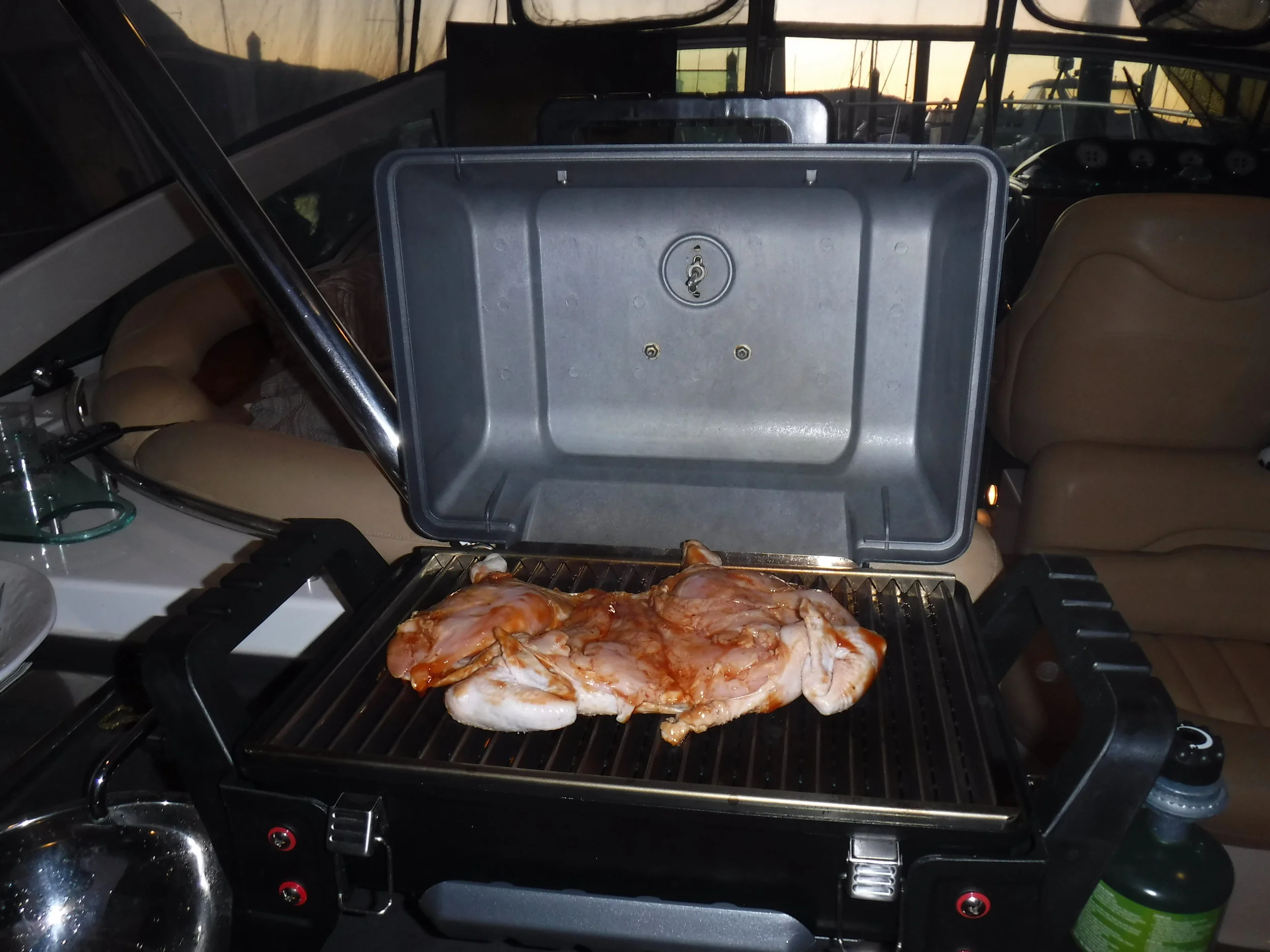 Butterfly a chicken, add some Peri Peri Marinade and presto. Another "flash" dinner at Shaw Island.