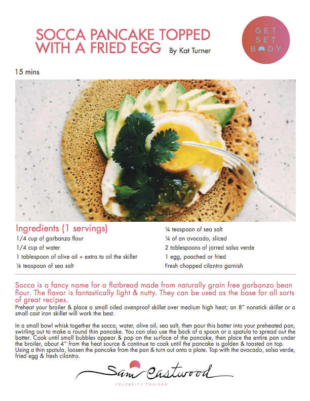 Socca pancake topped with a fried egg.