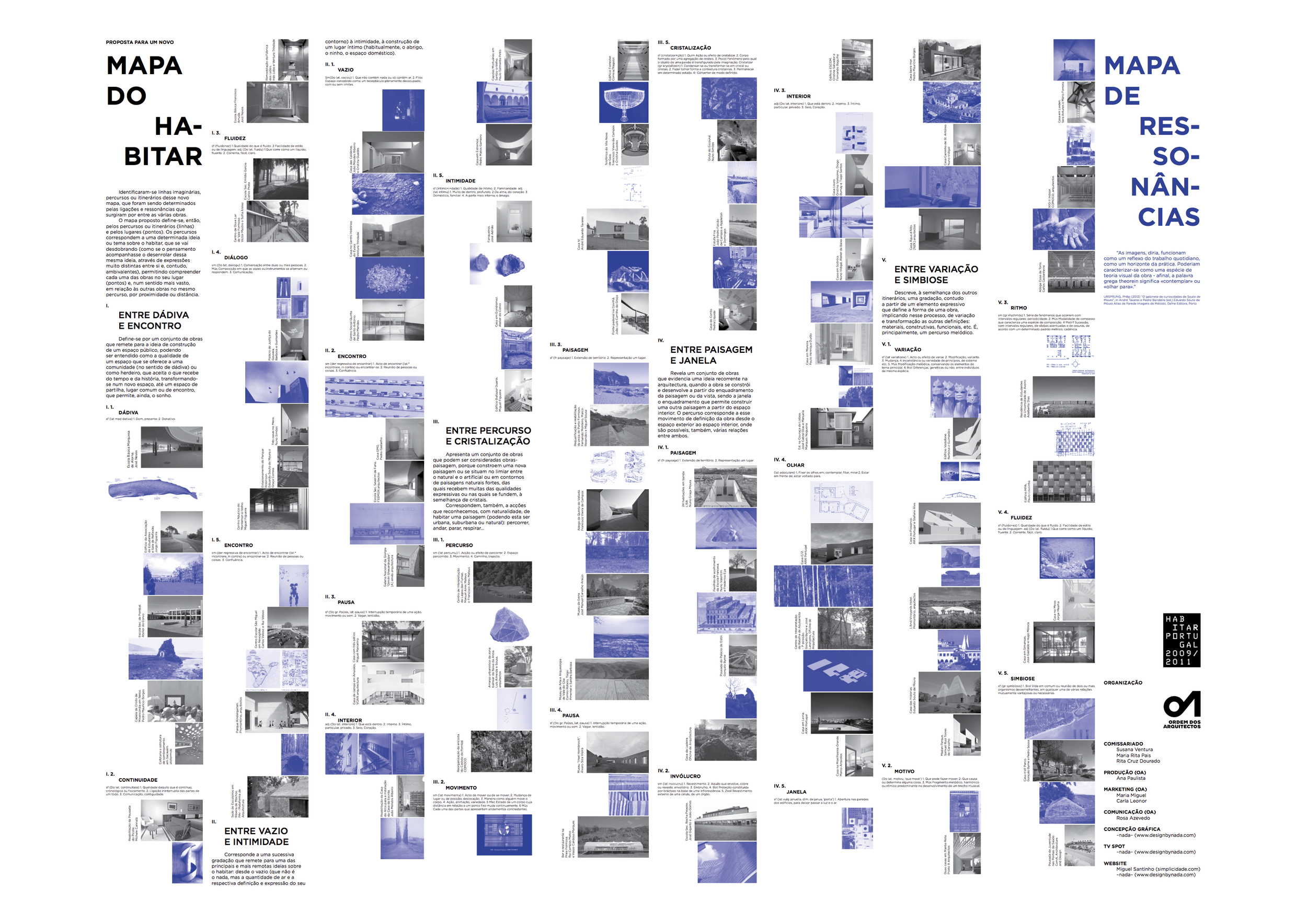 02. Habitar Portugal 09-11: Folding Map - back (featuring the works of architecture, in black and white, organized according to the imagined itineraries and places, and the respective map of resonances in shades of blue). Design by nada.
