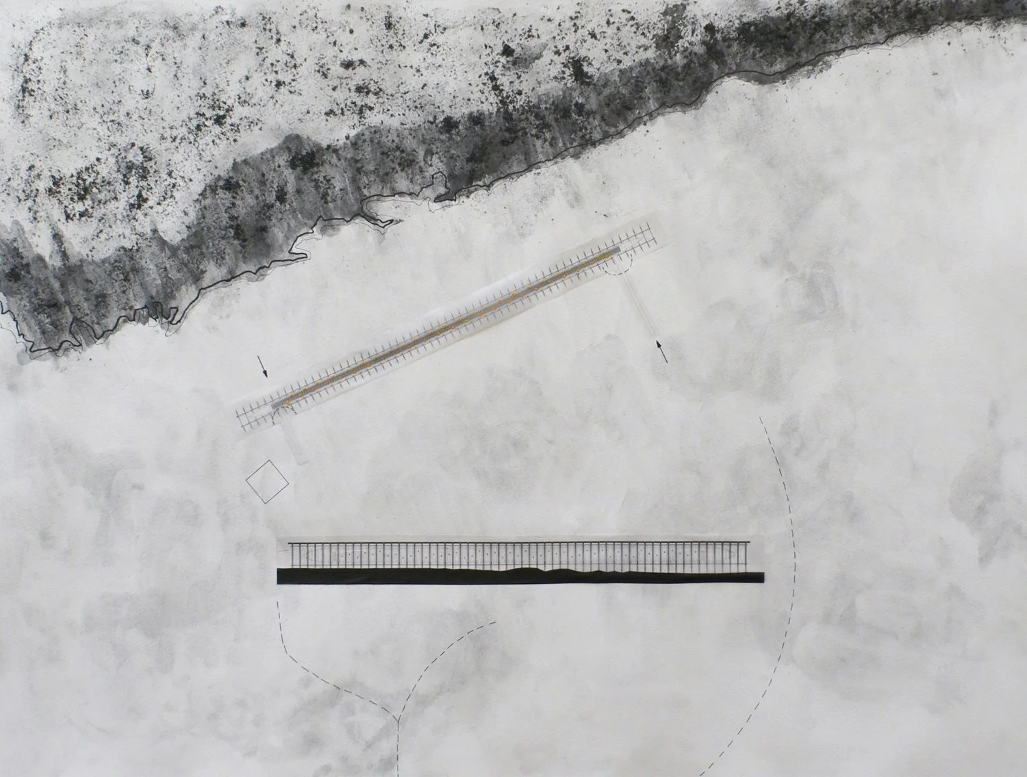 Map of Intensities #1, Steilneset Memorial, Susana Ventura, 2015. Watercolor painting with black lead and tracing paper.