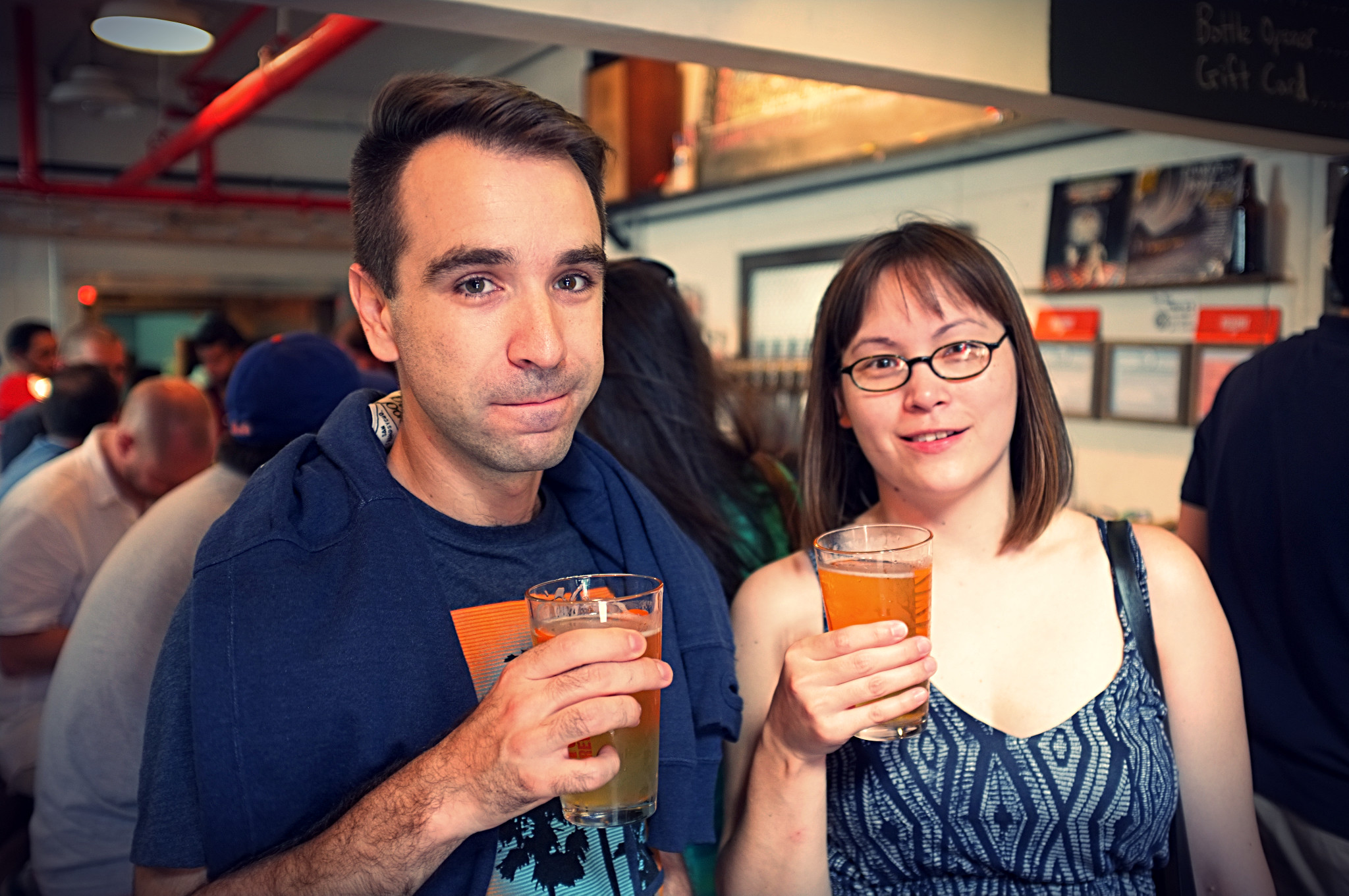 Beer 2, to the left: Sum Luv. Beer 3, to the right: Pharm "Both are refreshing beers for a hot day."