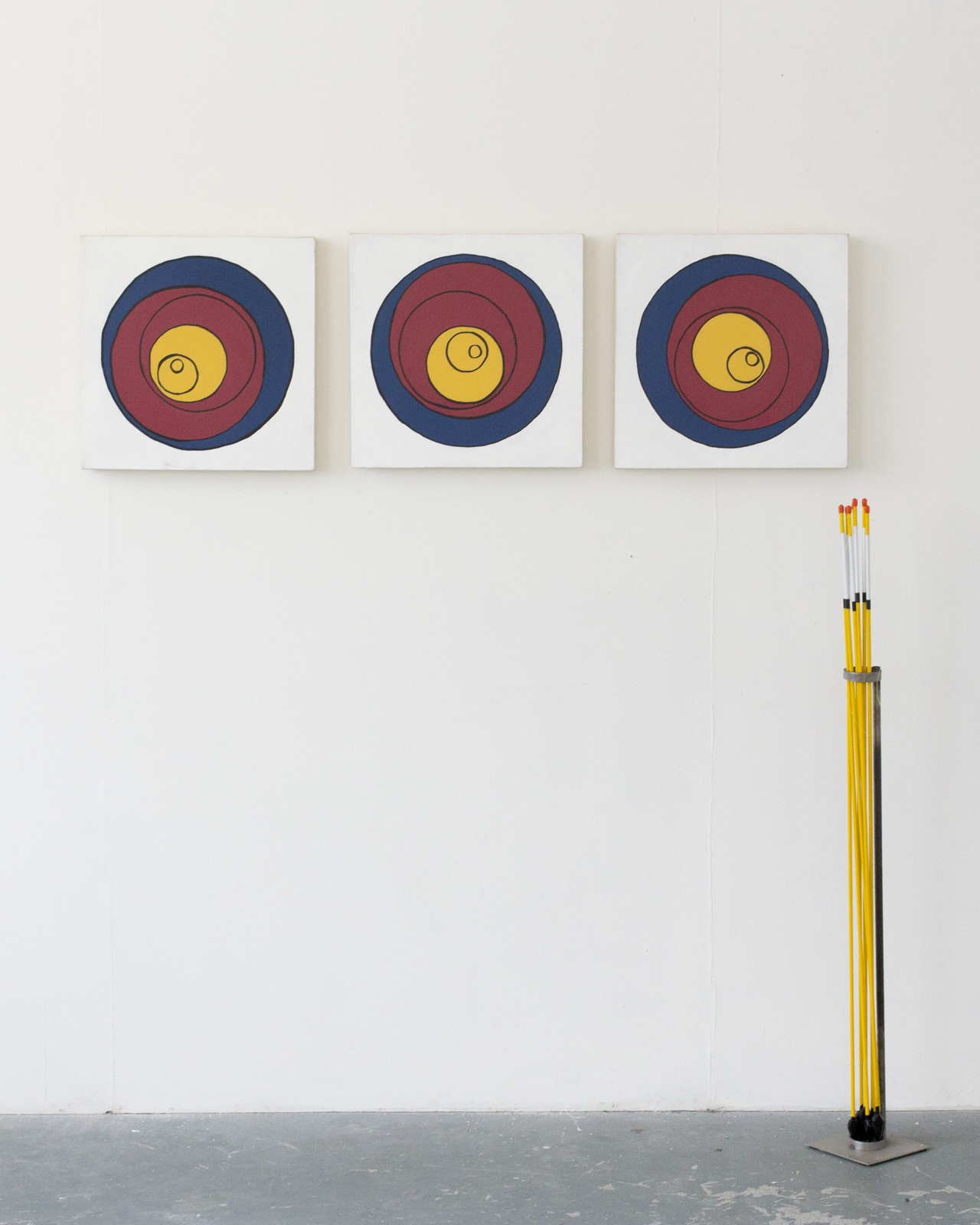  Untitled(targets)  2016 Acrylic on canvas, fiberglass landscaping markers, pine, steel. Dimensions Variable.  