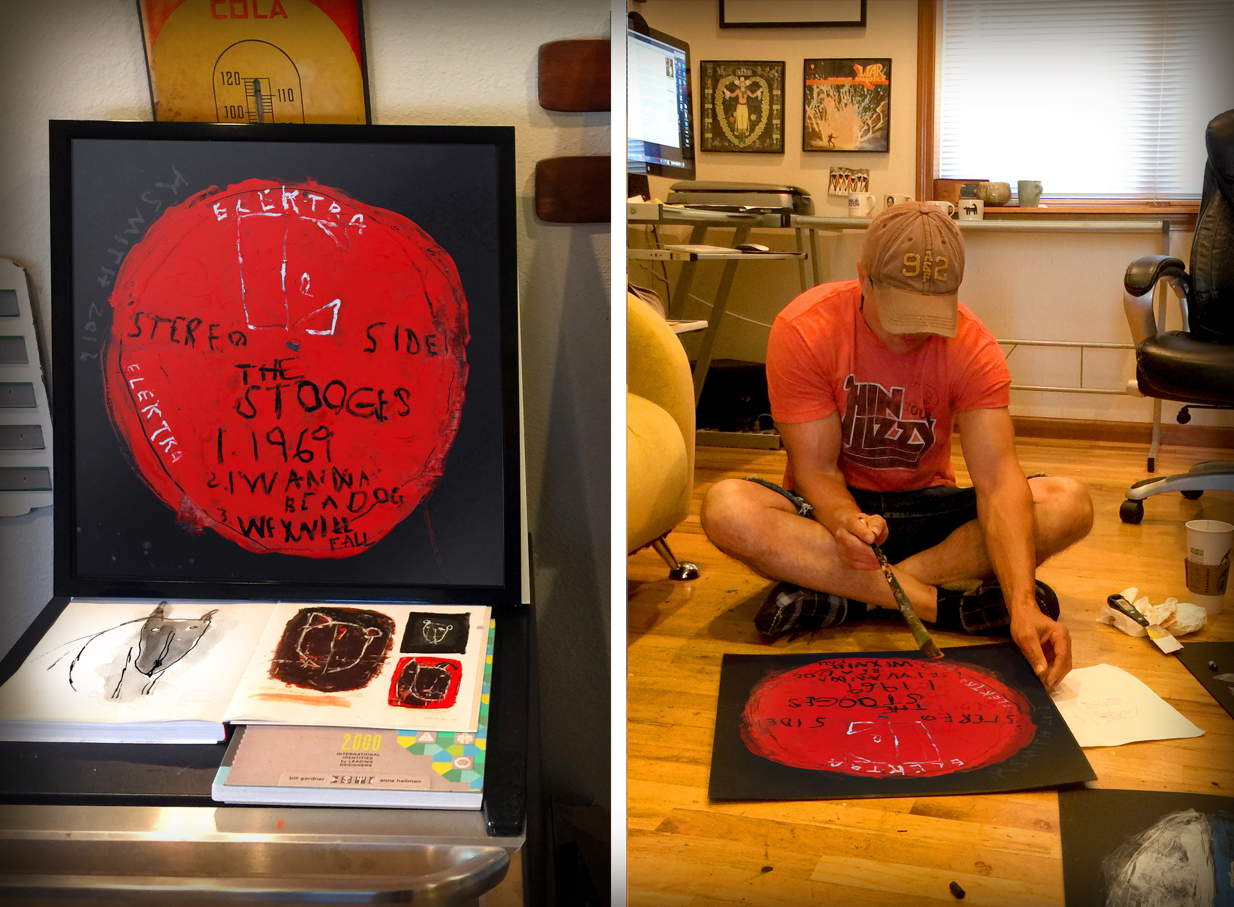 Left: My version of The Stooges debut record from 1969. Right: Painting in the studio.
