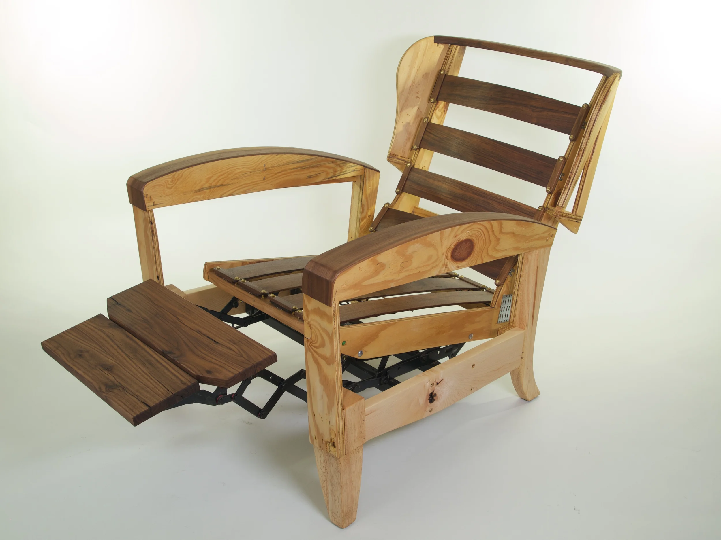  Lazy Bones Chair (2016): salvaged overstuffed recliner, plywood, maple, walnut, steel mechanism, brass screws 