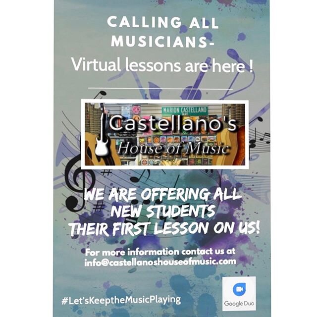 Always wanted to play an instrument but never had the time? We are offering your 1st virtual 30 minute music lesson for FREE for new students good til 4/30/20. Contact us at info@castellanoshouseofmusic.com or send us a message here or on facebook &a