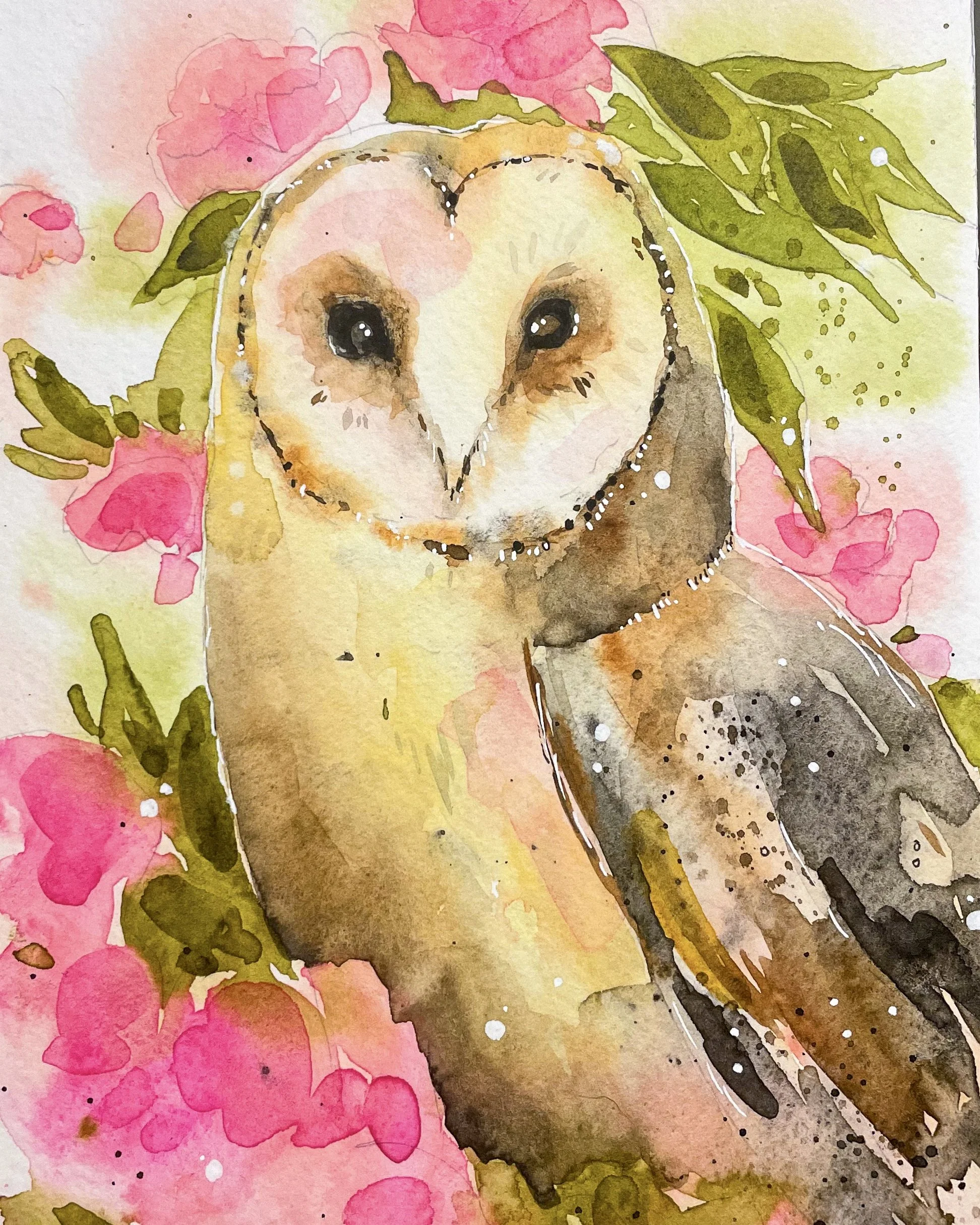 Barn Owl with Cherry Blossom - PRINT