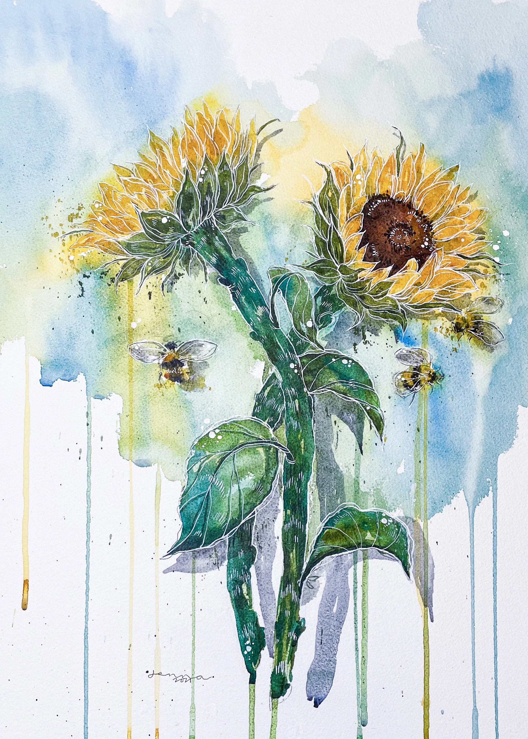 Sunflower with Bees - PRINT