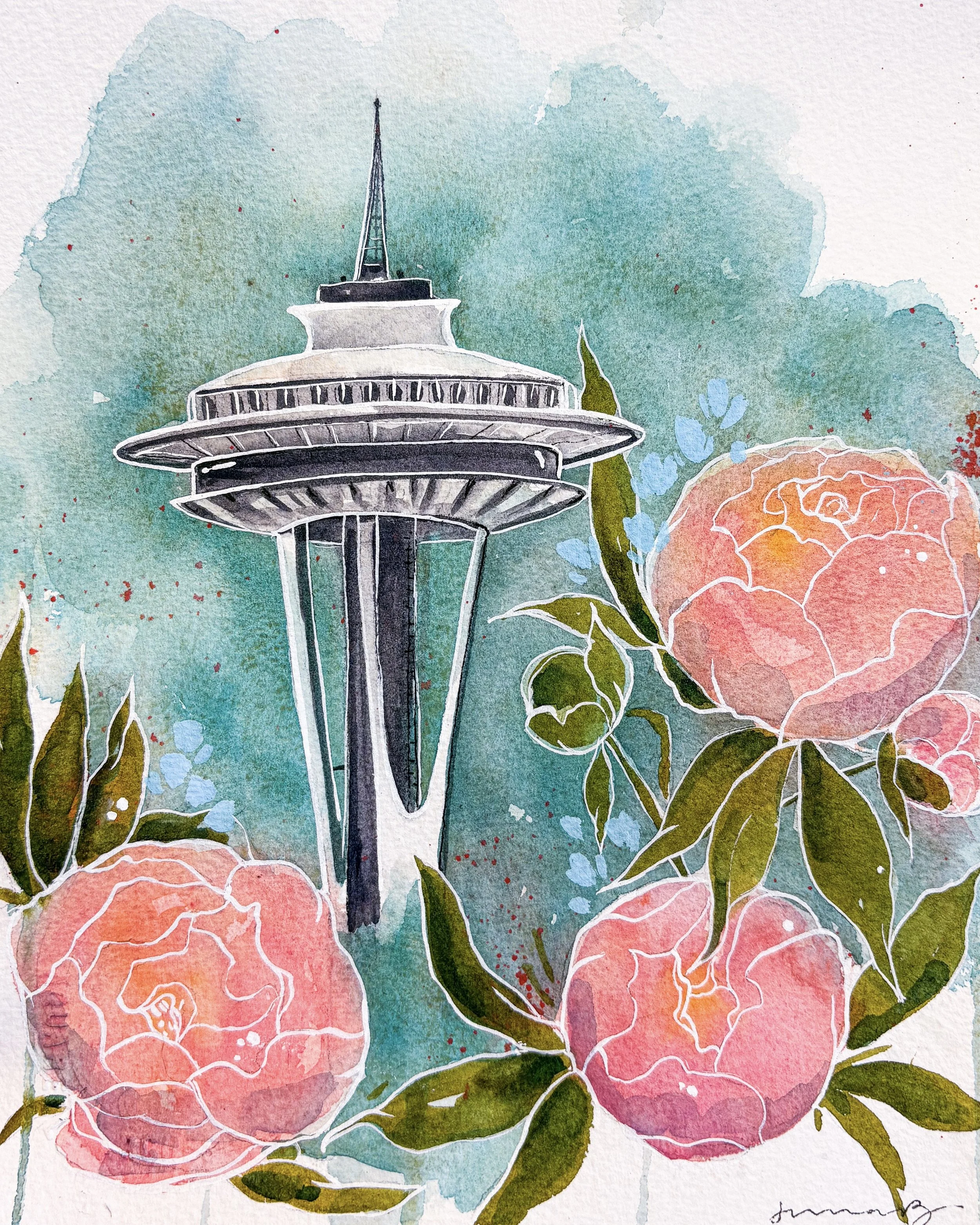 Space Needle & Peonies - (PRINT)