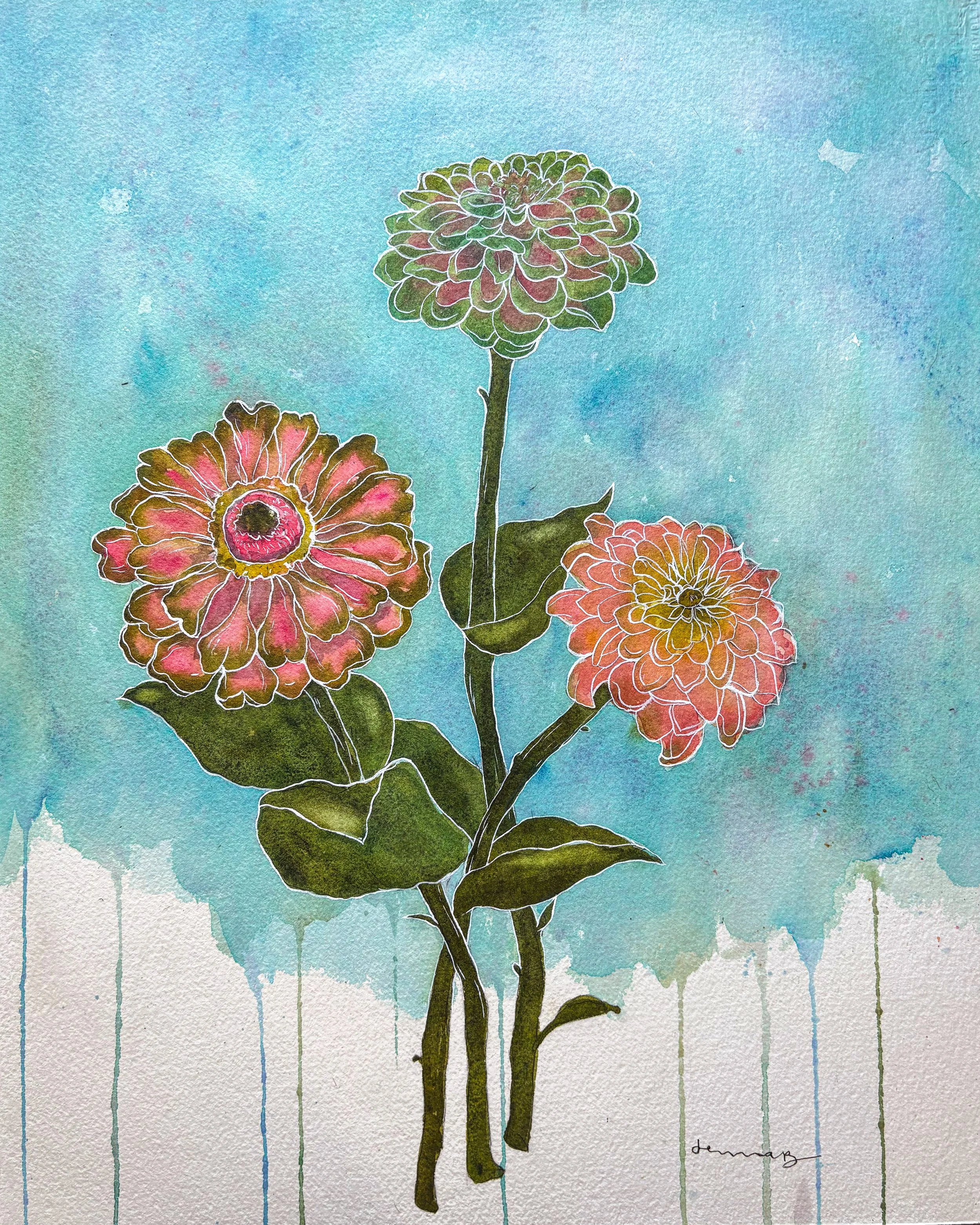 Pink & Green Dahlias - (PRINT)