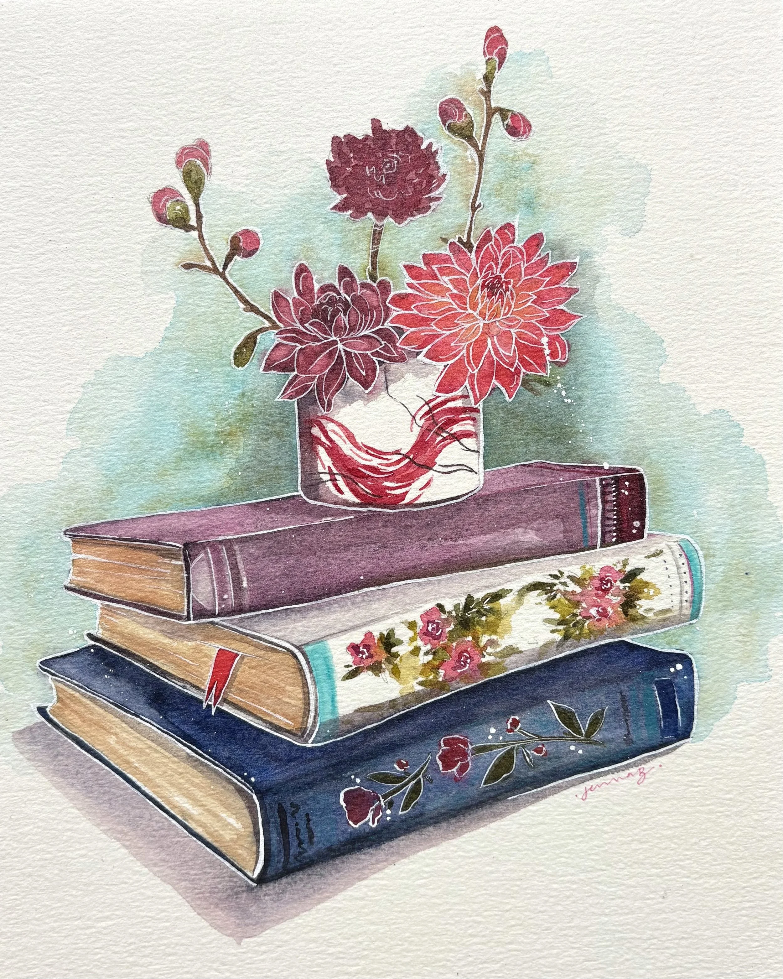 Books & Dahlias - (PRINT)