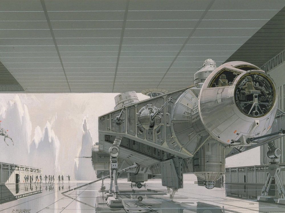 Early Ralph McQuarrie painting of Falcon on the Death Star