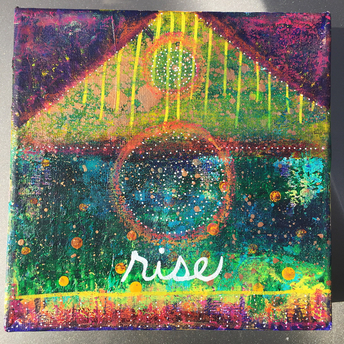 Rise. 6 x 6 inch acrylic and oil pastel on gallery wrapped canvas