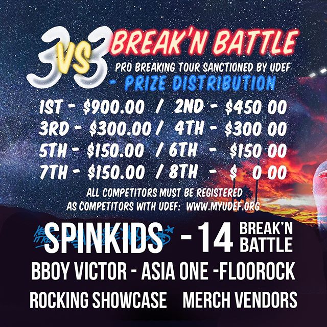 B-Boy &amp; B-Girls 3 VS 3 Breaking Battle, NO HOLDS BARRED 🕺🏻 @Spinlasvegas JULY13 at @Cmxxdtlv  TOP CREWS receive Prize @probreakingtour 
SPIN KIDS Youth Breaking Battle age 14 UNDER . 1 VS 1 
Judges @Supamontalvo @Asia1nep @2alfred8 Rocking Exhi