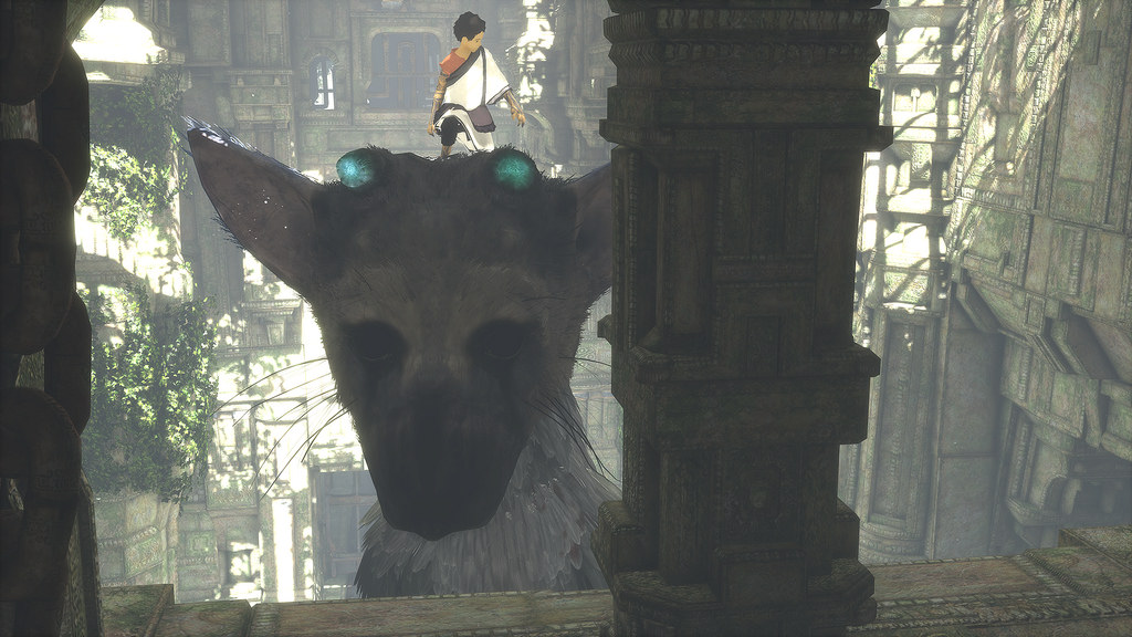 Our young protagonist balances on Trico's head to reach a new area.