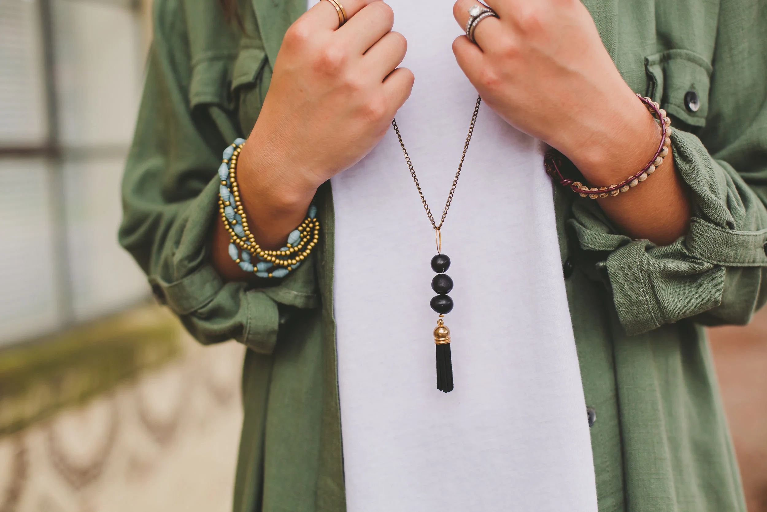 Fair-Trade Handmade in Costa Rica Tassel Necklace Black Natural Seeds