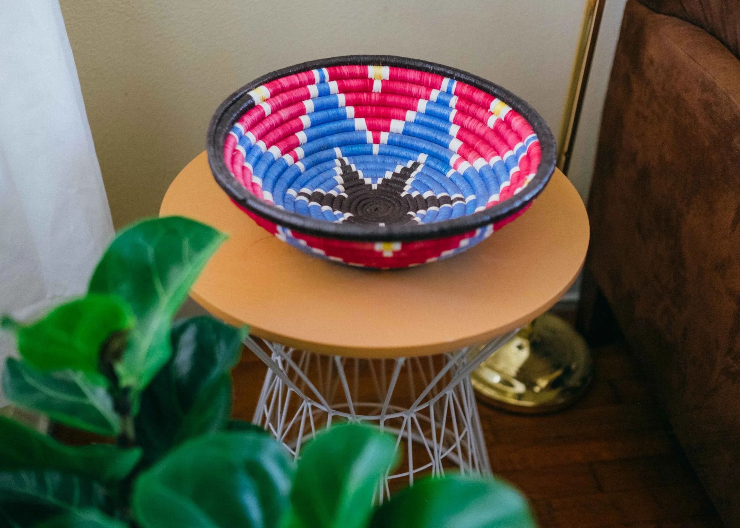 Handmade in Rwanda Colorful Grass Basket Fair-Trade in Pink and Blue Star Print Dancilla
