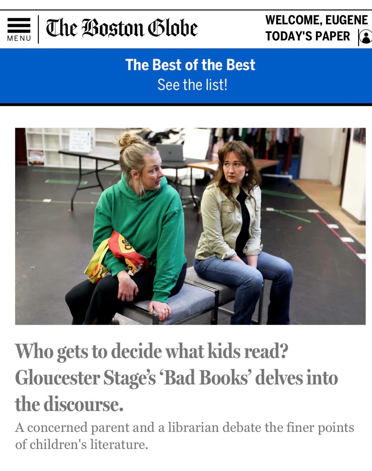 Great write-up in @bostonglobe about Bad Books, the play my wife, @tplaehn, is doing at @gloucesterstage for the month of June!