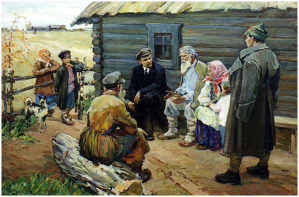 Realismo y propaganda en el arte soviético. Aquí se observa a Lenin junto a unos aldeanos.