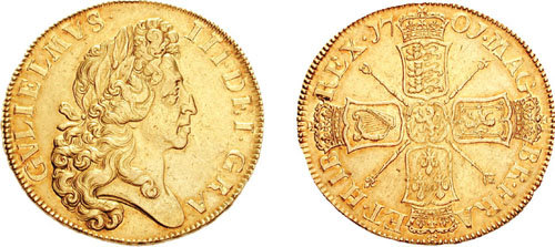 Moneda de oro: 5 guineas con la efigie de Guillermo III de Inglaterra (1650-1702)