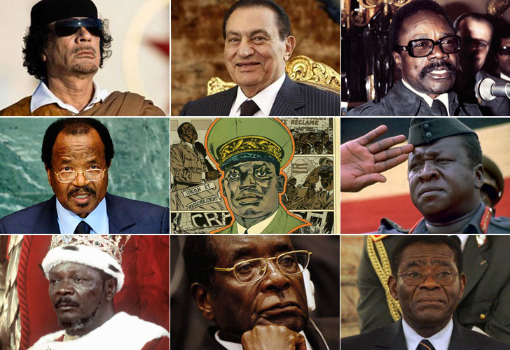 Algunos de los dictadores en África: Muammar Kadafi (Libia), Hosni Mubrak (Egipto), Omar Bongo (Gabón), Paul Biya (Camerún), Idi Amin (Uganda), Robert Mugabe (Zombabue)