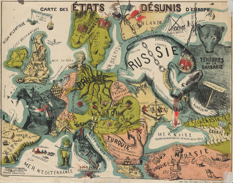 Europa en 1864: arriba se peude leer "Los Estados desunidos de Europa"