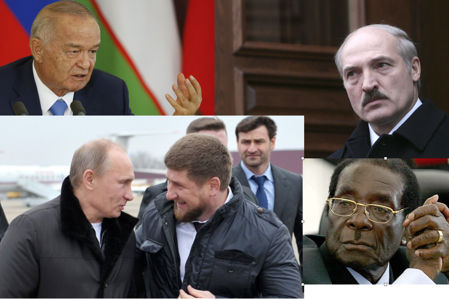 Regímenes autoritarios: Arriba izquierda: el recién fallecido Islam Karimov (uzbekistán); Abajo izquierda: Putin y Ramzan Kadyrov (Chechenia); Arriba derecha: Aleksandr Lukashenko (Bioleorusia); Abajo derecha: Robert Mugabe (Zimbabue)