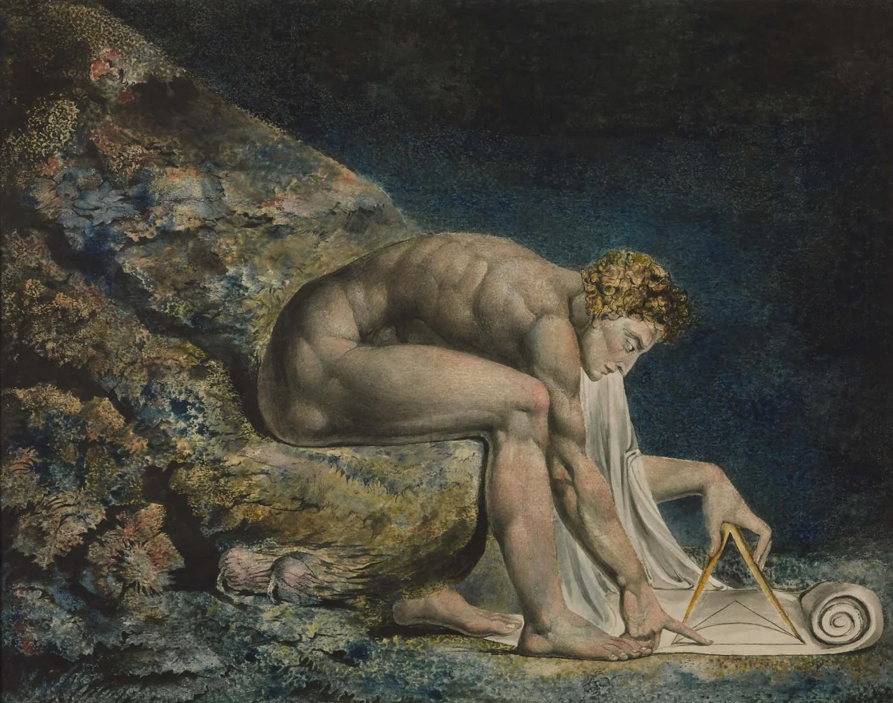 Monotipo donde el Poeta William Blake (1757-1827) retrata a Isaac Newton el personaje que encarnaba por antonomasia al hombre que descubría las leyes inmutables de la naturaleza, así como el funcionamiento de la mecánica del mundo. Blake fue un fuerte opositor a esta "visión científica" del mundo puesto que sacrificaba otros aspectos más elevados del ser humano.