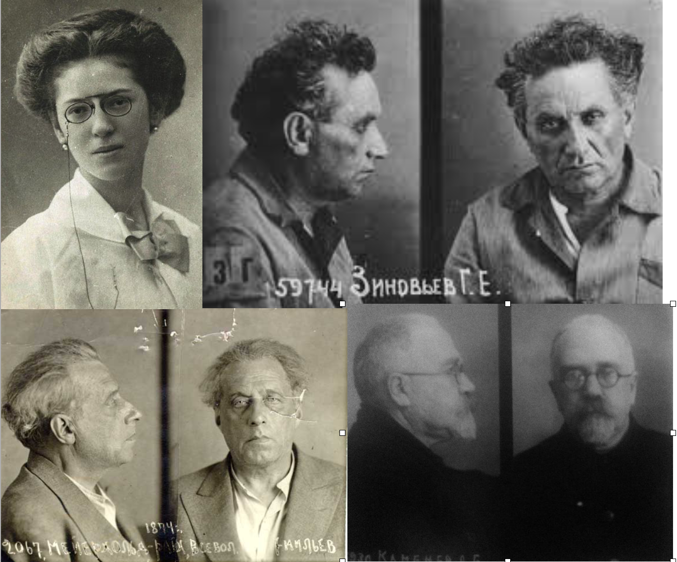 Victimas del stalinismo: La pianista azerbaiyana Khadija Gayibova; Grigory Zinoniev (arriba derecha); Director de teatro Vsevolod Meyerhold (abajo izquierda) y Lev Kámenev.