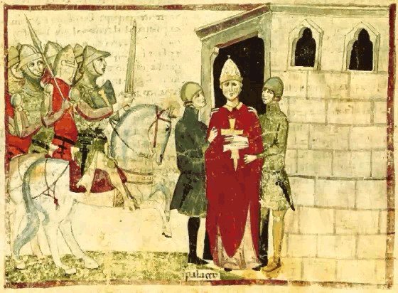 Bonifacio VIII tomado prisionero. miniatura della Nuova Cronica di Giovanni Villani 