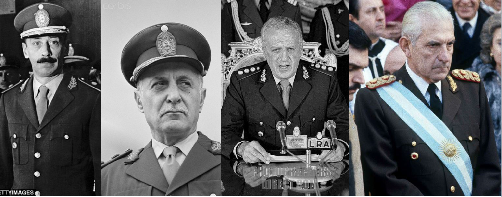Dictadura militar en Argentina (1976-1983): Rafael Videla, Roberto Viola, Leopoldo Galtieri y Reinaldo Bignone. Bajo este régimen también se implementaron medidas tendientes a liberalizar el mercado.