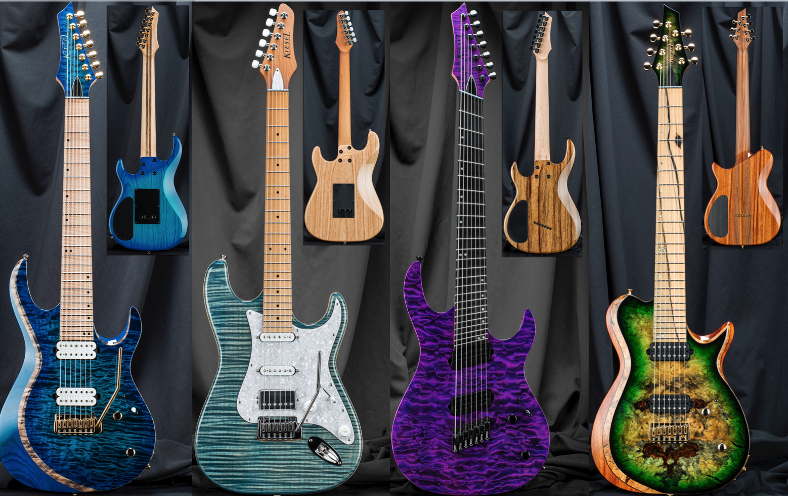 Aries 24, Delos, Aries 24 Multiescala y una Single Cutabay Bevel Top (obtenido de https://www.kieselguitars.com/customshop/)