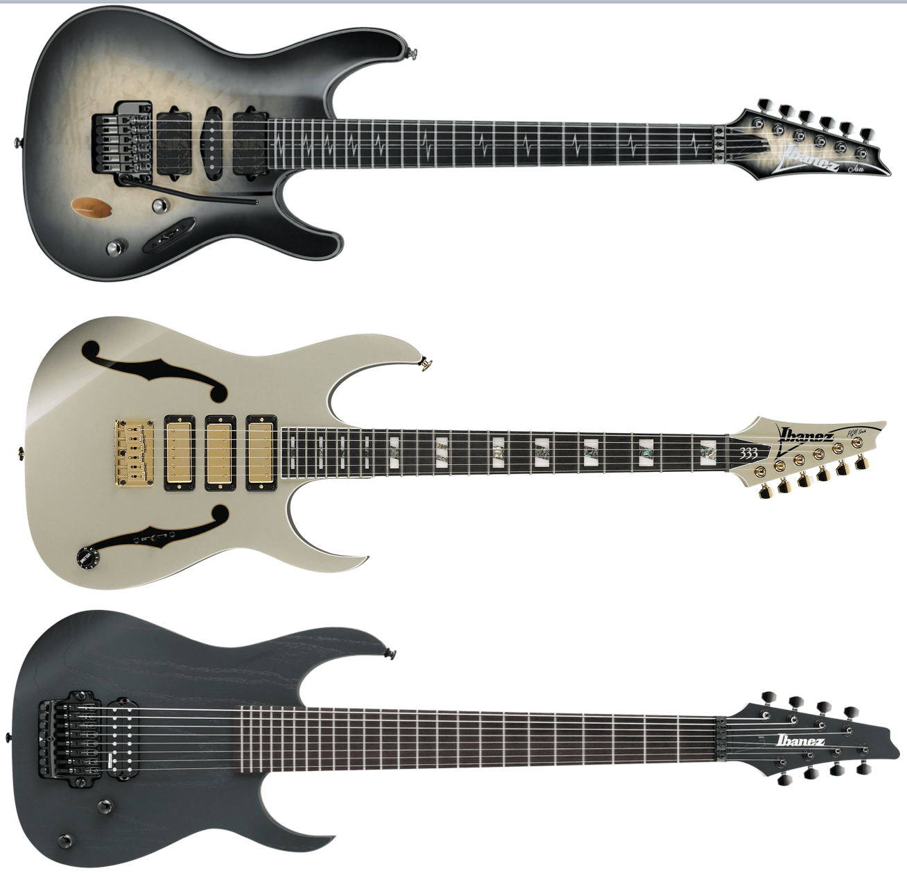 Ibanez: Jiva (Nita Strauss, PGM (Paul Gilbert) y M8M ( Marten Hagstrom)