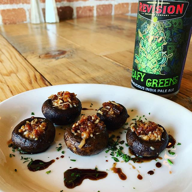 You have to come try our new appetizer...stuffed mushrooms with bacon and Parmesan! It pairs great with the @revisionbrewing Leafy Greens IPA. #overland1902 #stuffedmushrooms .
.
.
.
#gardnerville #appetizer #nomnom #hwy395