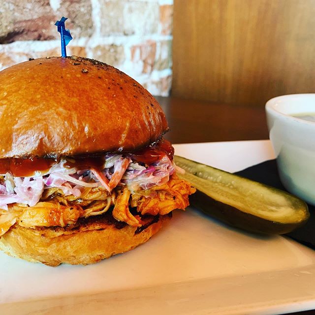 Hungry for something a little spicy? Come in today for our lunch special...Spicy BBQ pulled Chicken Sando! Coleslaw, BBQ sauce, and jalape&ntilde;os make this sandwich complete! #overland1902 #spicychicken .
.
.
.
#localisbetter #lunchspecial #brioch