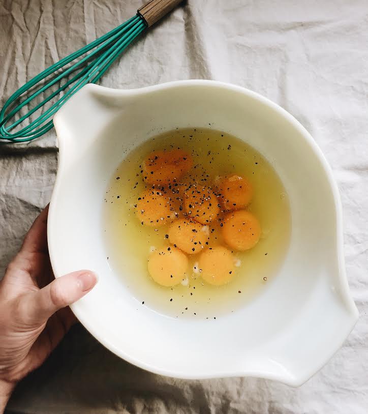 add eggs and spices to bowl