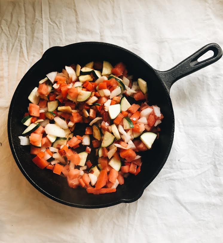 combine all of veggies into skillet and cook for about 7 minutes