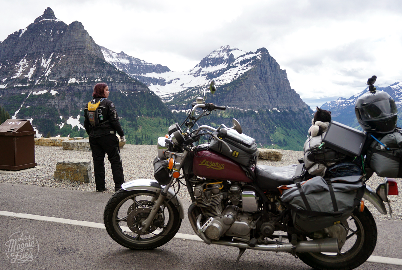 Amanda and Lazarus her 1980 Suzuki GS850gl geared up with Wolfman Luggage, in Glacier National Park, June 2016.