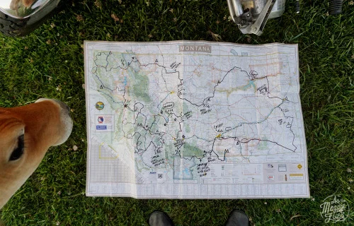 Montana State Map, that you can get at any Montana Chamber of Commerce, with my route traced with a sharpie. 