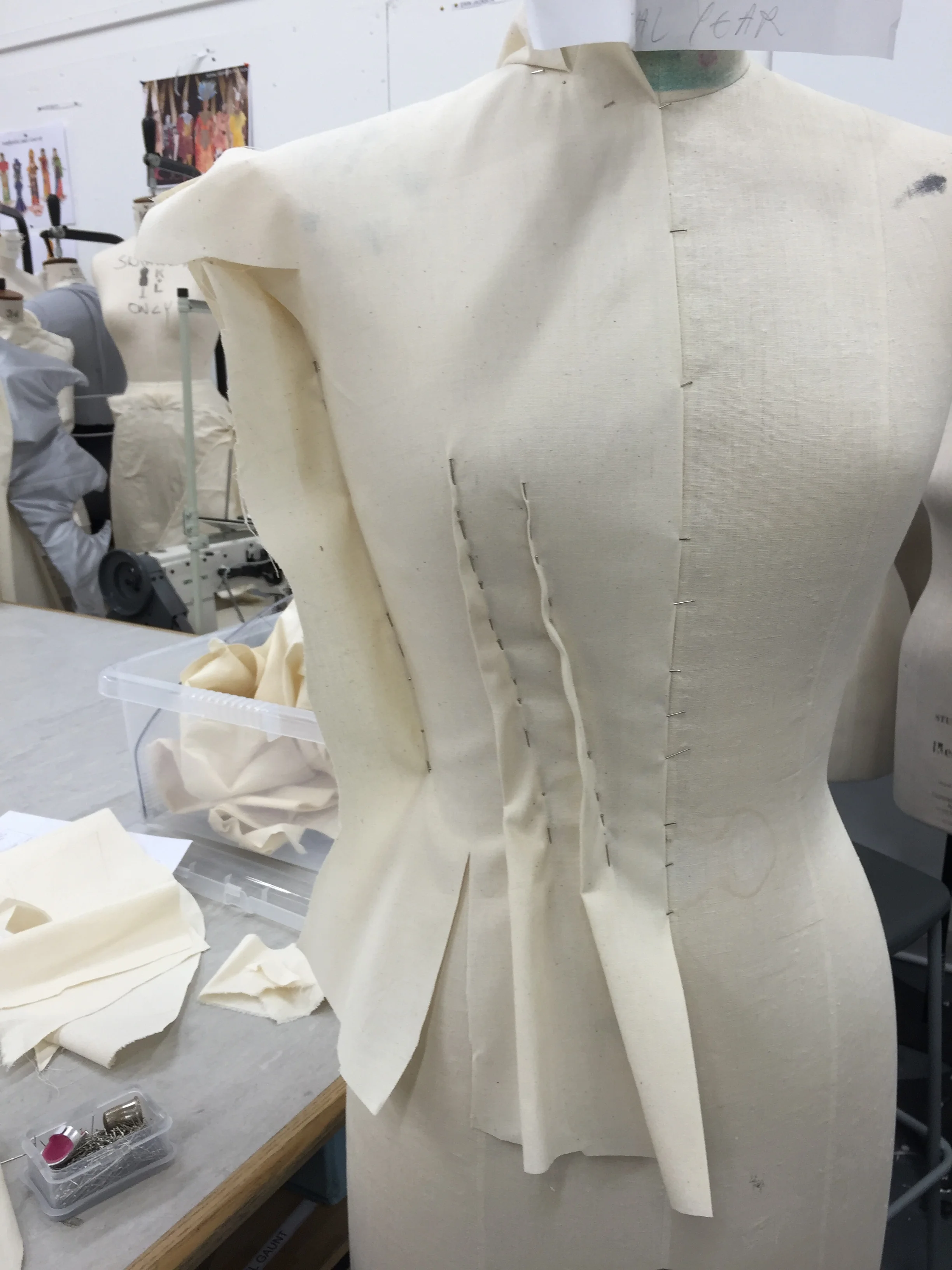  This was my first term construction project in my first year at the University of huddersfield.&nbsp; I researched Victorian bodices in order to understand the cut and silhouette. I drafted the bodice on the stand and altered a block pattern to make