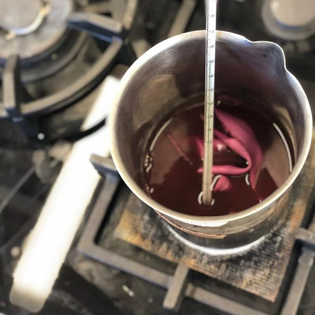 From beginning to end for my process for dyeing Evelyn&rsquo;s fabric! Dyed with disperse dyes in a hot water bath in two 10 yard batches which meant making the baths identical to color match.