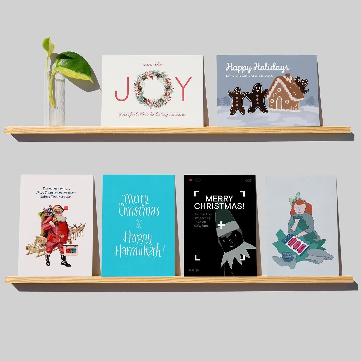 Please enjoy this collection of funny, gently off-putting holiday cards. Each pack has 6 different cards with original designs! Perfect to send to your friends and some colleagues. Also, a reasonable gift for a grandfather who can&rsquo;t read or an 
