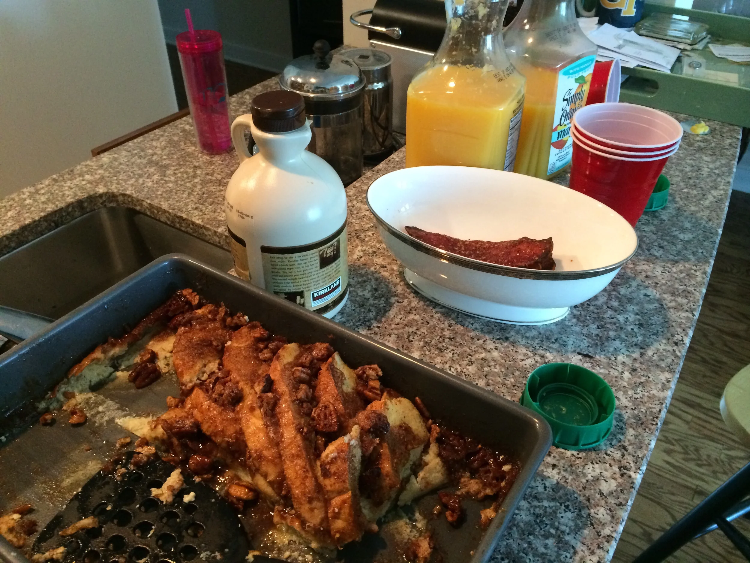 Orange Pecan French Toast, Orange Juice, Spiced Turkey Bacon, and Maple Syrup