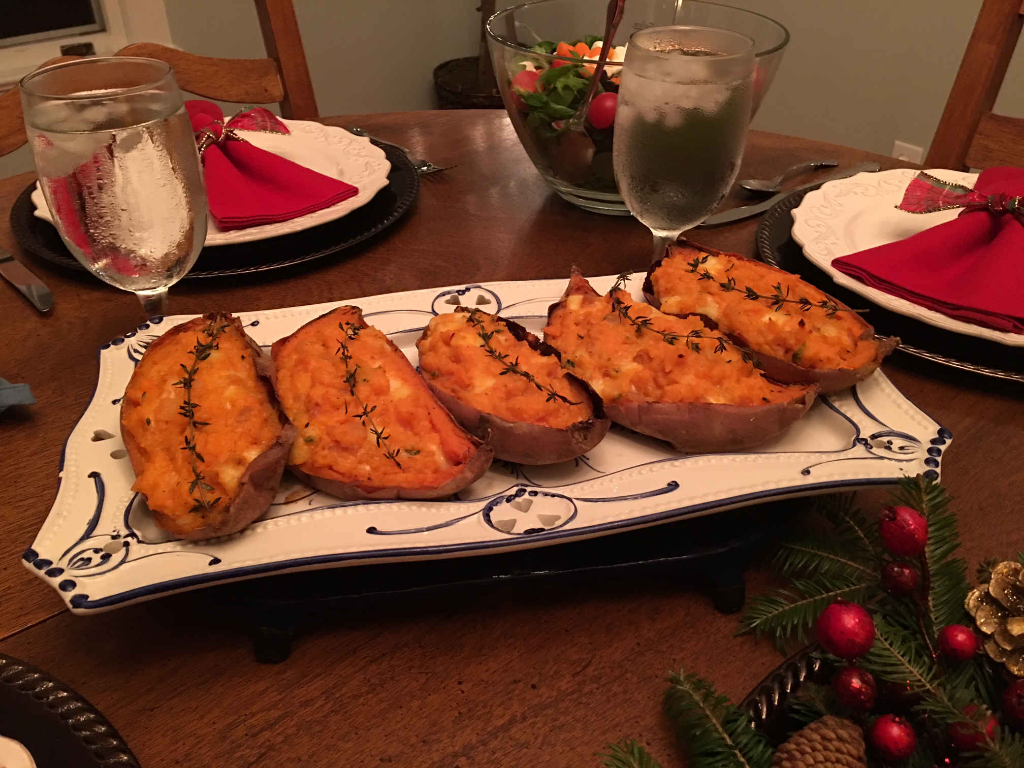 The sweet potatoes look elegant for family style dinners.