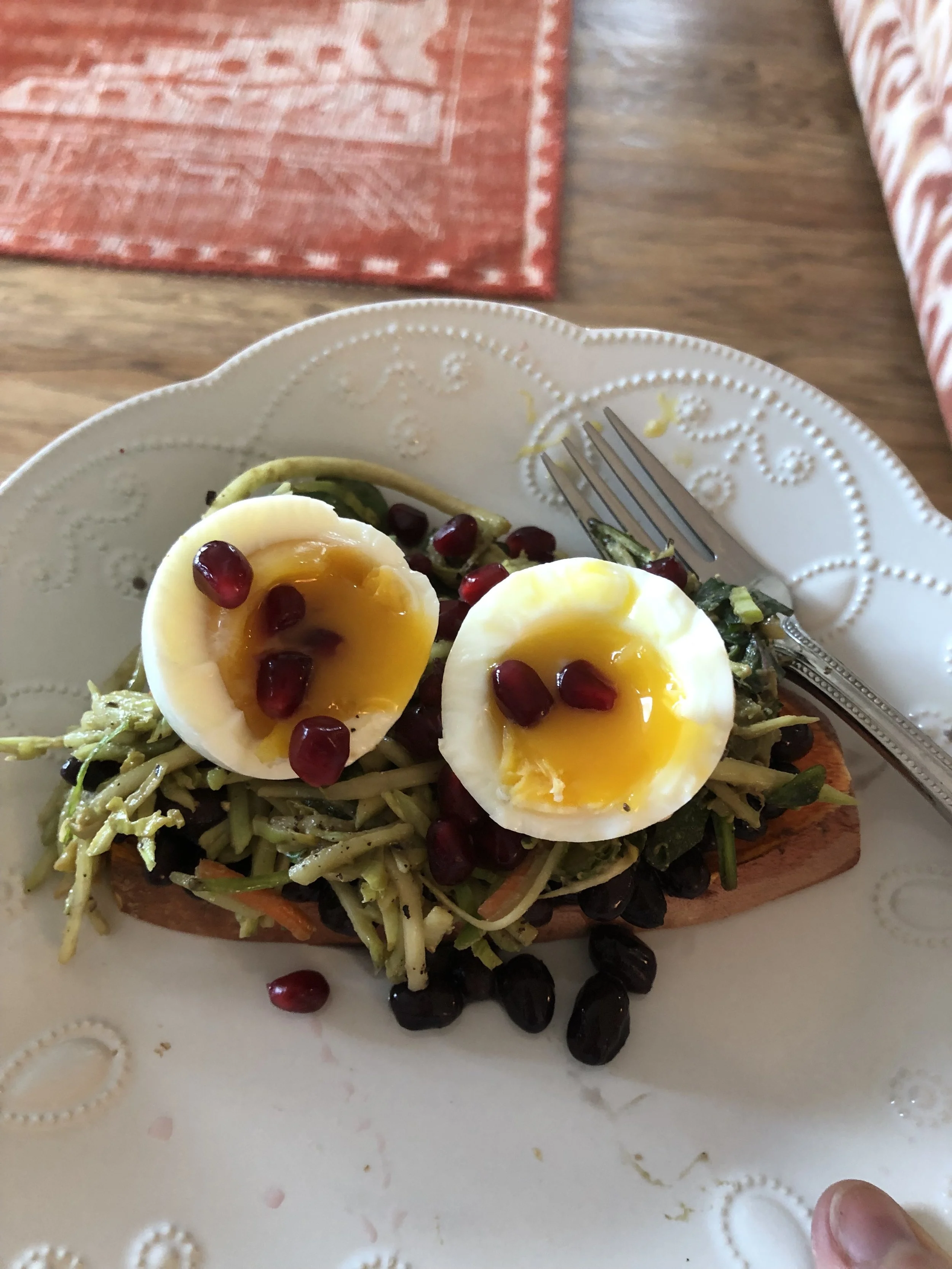 Broccoli Slaw on Sweet Potato Toast with Soft Boiled Eggs and Pomegranite Seeds.jpg