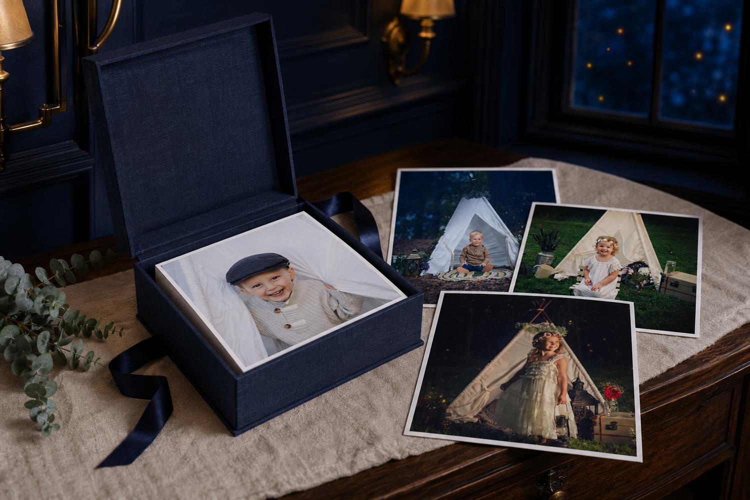 Custom print box holding professional Twilight portrait prints