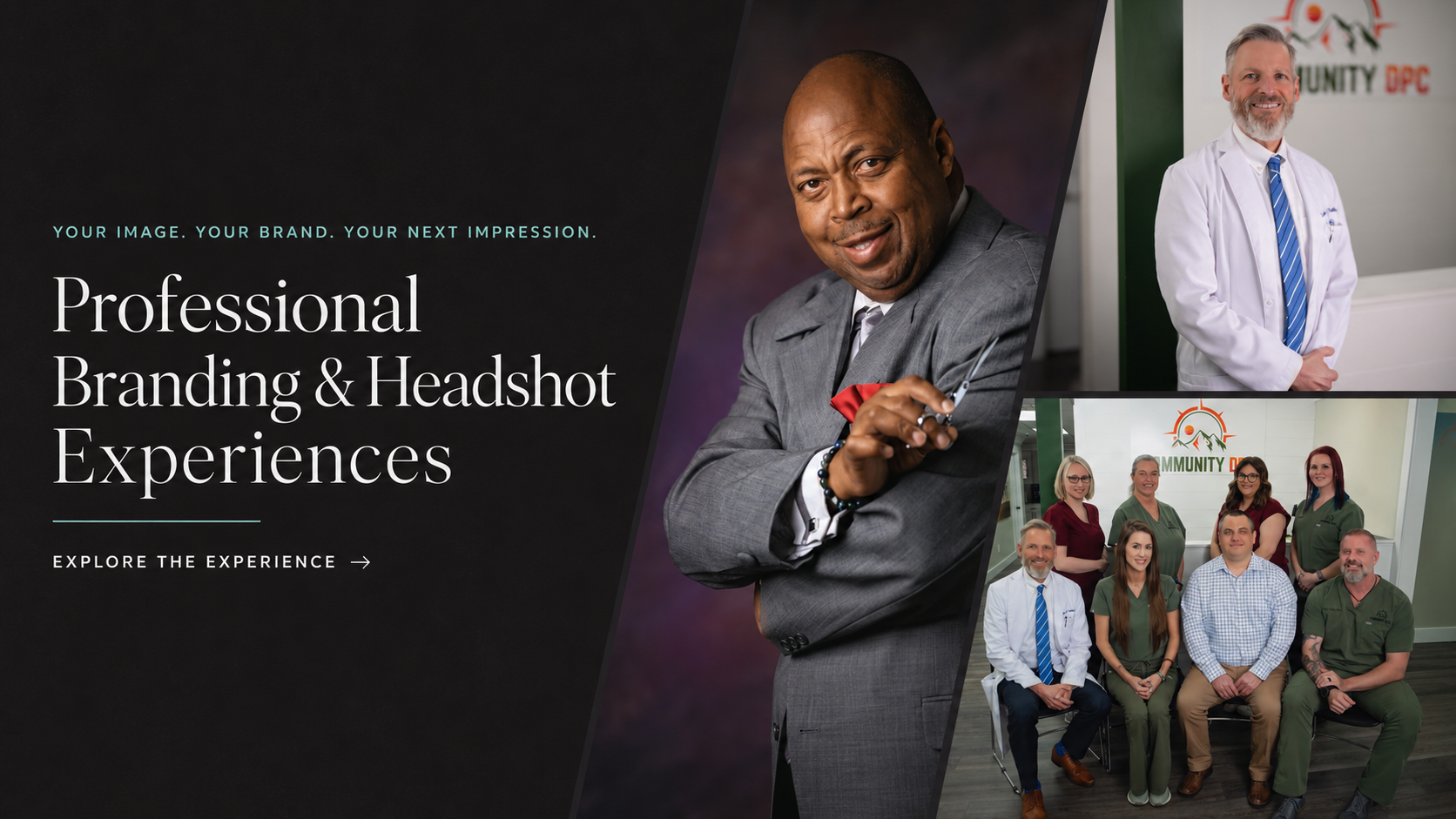 A promotional image for professional branding and headshot experiences featuring a man in a gray suit holding a pen, paired with photos of a healthcare team and a group of professionals in a corporate setting.