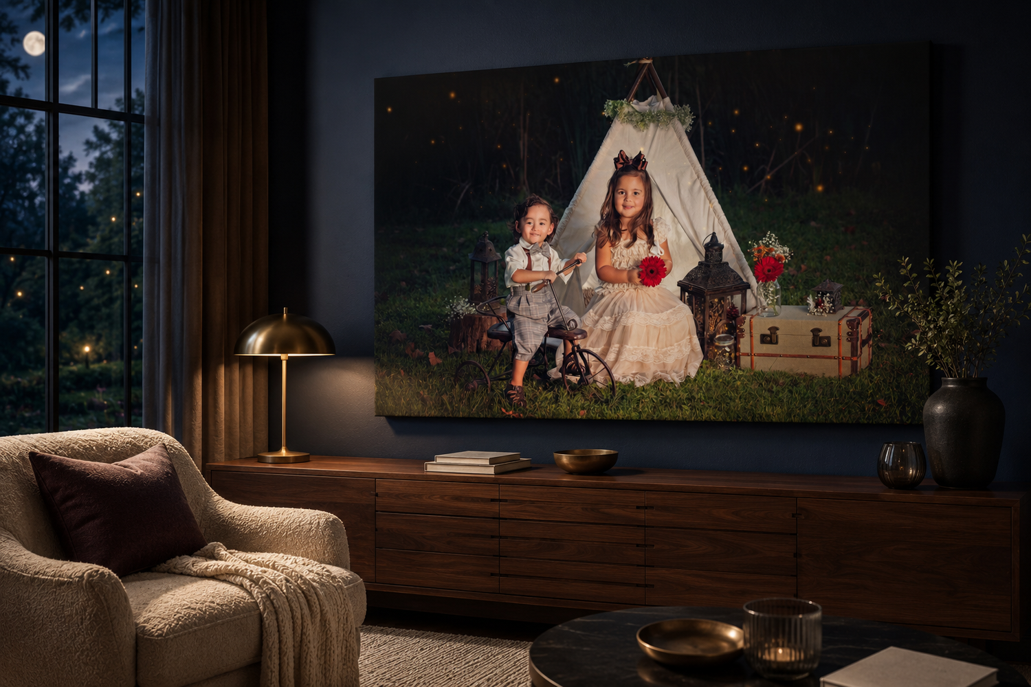 Twilight child portrait displayed as gallery-wrapped canvas wall art